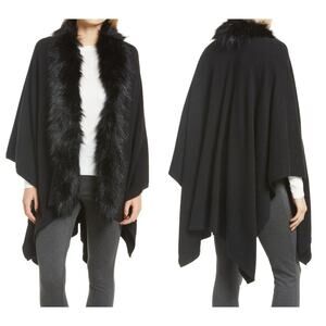 La Fiorentina Ruana with Faux Fur Trim Poncho (O/S)